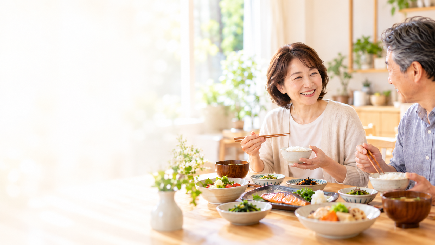 和定食を囲んで笑う夫婦
